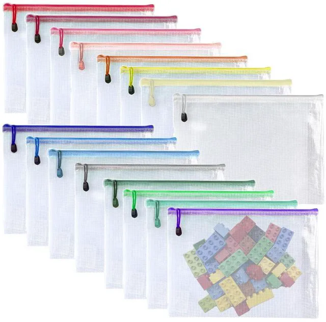 Main image of 11 x 14"-16 Pcs-Plastic Mesh Zipper Pouch Document Folders Bag Zip File Bags for Office Supplies,Home,Travel Storages,Puzzle Board Games Storage- (Multicolor)