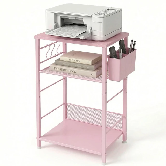Main image of Small 3 Tier Printer Stand for Under Desk, Height Adjustable Shelf Printer Table with 3 S-Hooks & Basket, Heavy Duty Industrial Storage Shelf for Home Office (Deep Pink)