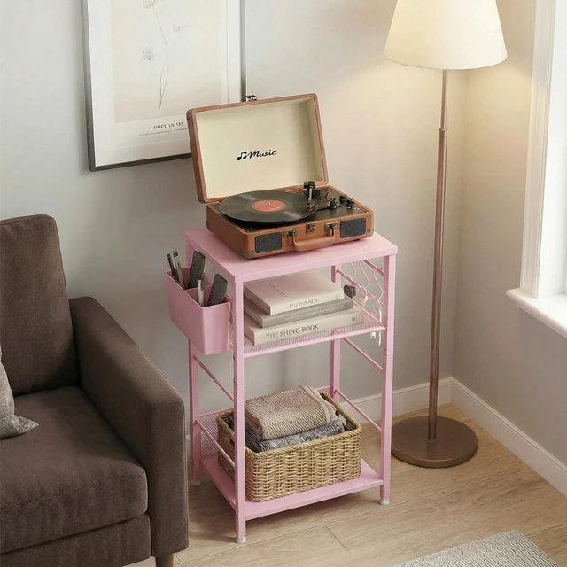 Alt view image 7 of 7 - Small 3 Tier Printer Stand for Under Desk, Height Adjustable Shelf Printer Table with 3 S-Hooks & Basket, Heavy Duty Industrial Storage Shelf for Home Office (Deep Pink)