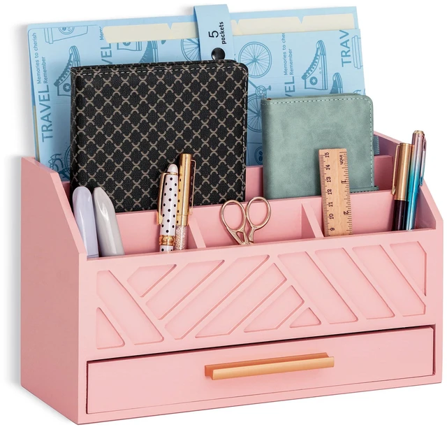 Main image of Pink Wood Desk Organizer and Accessories with Drawer, Bill Mail Organizer and File Mail Holder for Office Supplies, Modern Desk Accessories & Workspace Organizers for Desk Organization