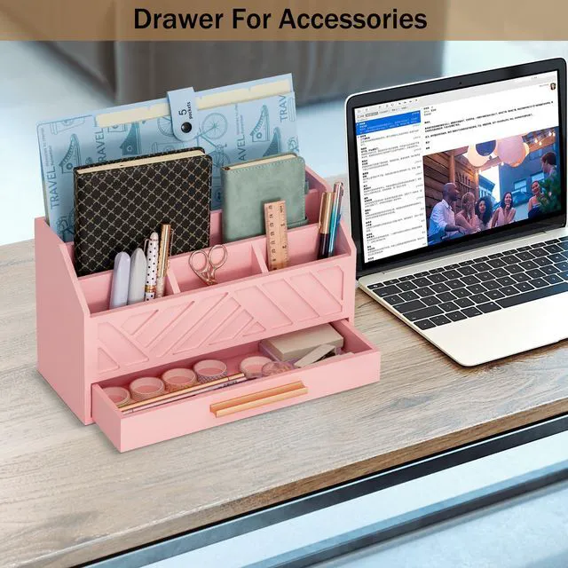 Alt view image 2 of 7 - Pink Wood Desk Organizer and Accessories with Drawer, Bill Mail Organizer and File Mail Holder for Office Supplies, Modern Desk Accessories & Workspace Organizers for Desk Organization