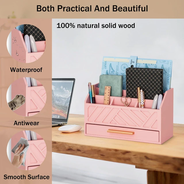 Alt view image 3 of 7 - Pink Wood Desk Organizer and Accessories with Drawer, Bill Mail Organizer and File Mail Holder for Office Supplies, Modern Desk Accessories & Workspace Organizers for Desk Organization
