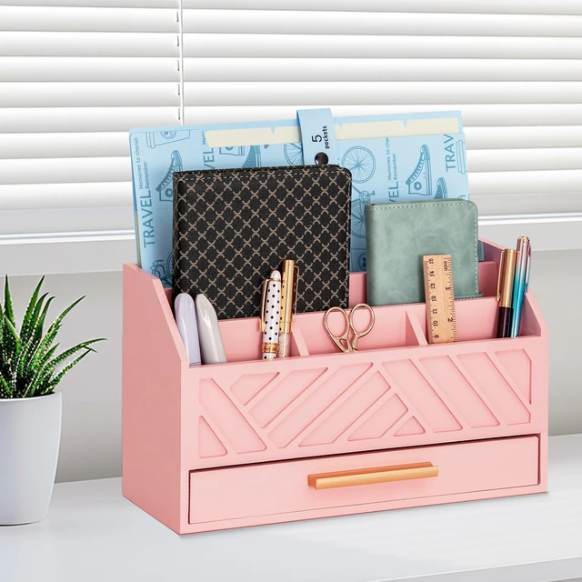 Alt view image 4 of 7 - Pink Wood Desk Organizer and Accessories with Drawer, Bill Mail Organizer and File Mail Holder for Office Supplies, Modern Desk Accessories & Workspace Organizers for Desk Organization
