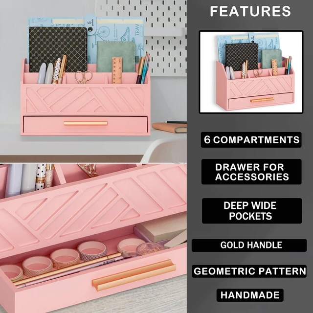Alt view image 7 of 7 - Pink Wood Desk Organizer and Accessories with Drawer, Bill Mail Organizer and File Mail Holder for Office Supplies, Modern Desk Accessories & Workspace Organizers for Desk Organization