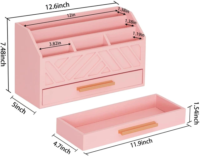 Alt view image 6 of 7 - Pink Wood Desk Organizer and Accessories with Drawer, Bill Mail Organizer and File Mail Holder for Office Supplies, Modern Desk Accessories & Workspace Organizers for Desk Organization