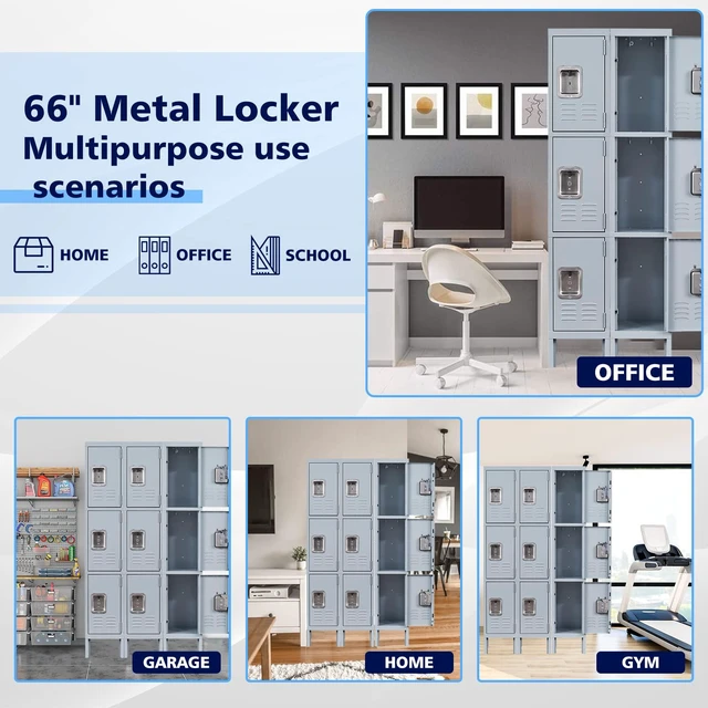 Alt view image 4 of 6 - Metal Storage Locker, 3 Doors Lockable Steel Cabinet Lockers 66'' X 12 X 12 for Employees/School/Gym/Home/Office/Industrial Lockers (Gray)
