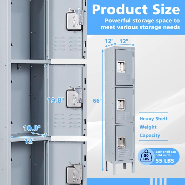 Alt view image 3 of 6 - Metal Storage Locker, 3 Doors Lockable Steel Cabinet Lockers 66'' X 12 X 12 for Employees/School/Gym/Home/Office/Industrial Lockers (Gray)