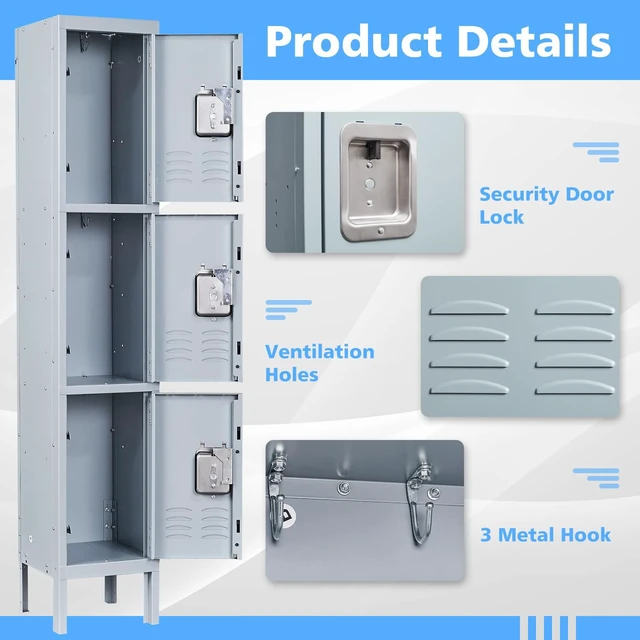 Alt view image 5 of 6 - Metal Storage Locker, 3 Doors Lockable Steel Cabinet Lockers 66'' X 12 X 12 for Employees/School/Gym/Home/Office/Industrial Lockers (Gray)