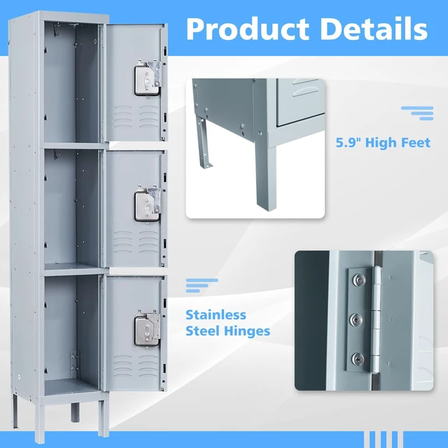 Alt view image 6 of 6 - Metal Storage Locker, 3 Doors Lockable Steel Cabinet Lockers 66'' X 12 X 12 for Employees/School/Gym/Home/Office/Industrial Lockers (Gray)