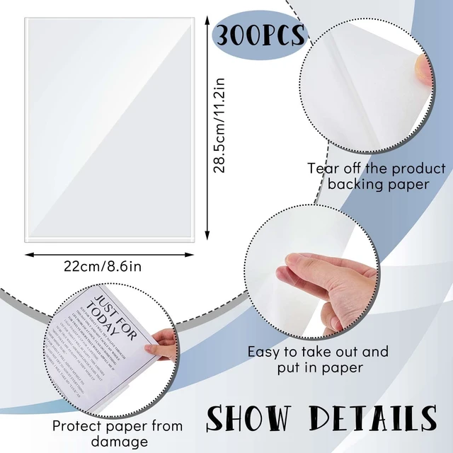 Alt view image 2 of 7 - 300 Pcs 8.5 X 11 Inch Adhesive Sheet Protectors Clear Plastic Peel and Stick Backing, Display Pockets for Wall Door, Letter Size Sleeves, No Drilling Needed, Clear Communication