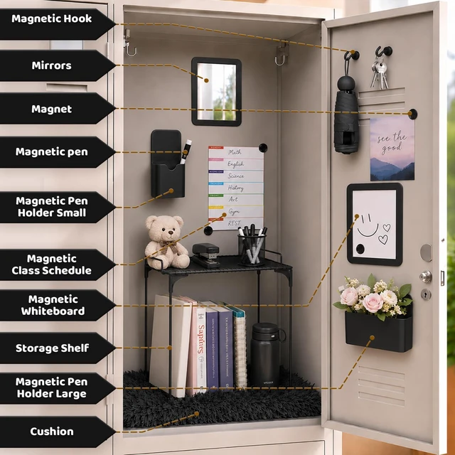 Alt view image 3 of 7 - 15 PCS Black School Locker Organizer Kit with Shelf and Accessories Locker Accessories Include Shelf, Rug, Magnetic Mirror, Whiteboard with Marker and Nails for Girls' Back to School