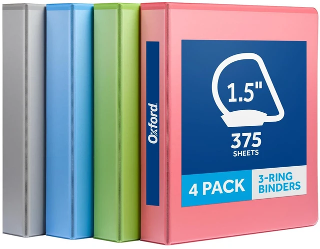 Main image of 1.5 Inch 3 Ring Binders, 4 Pack, Assorted Colors, Holds 375 Sheets D rings, clear view covers for custom inserts, and 2 inside pockets. PVC free, non stick. Stock up pack