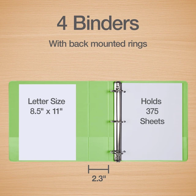 Alt view image 2 of 7 - 1.5 Inch 3 Ring Binders, 4 Pack, Assorted Colors, Holds 375 Sheets D rings, clear view covers for custom inserts, and 2 inside pockets. PVC free, non stick. Stock up pack