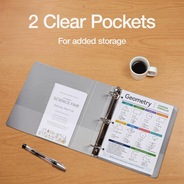 Alt view image 4 of 7 - 1.5 Inch 3 Ring Binders, 4 Pack, Assorted Colors, Holds 375 Sheets D rings, clear view covers for custom inserts, and 2 inside pockets. PVC free, non stick. Stock up pack