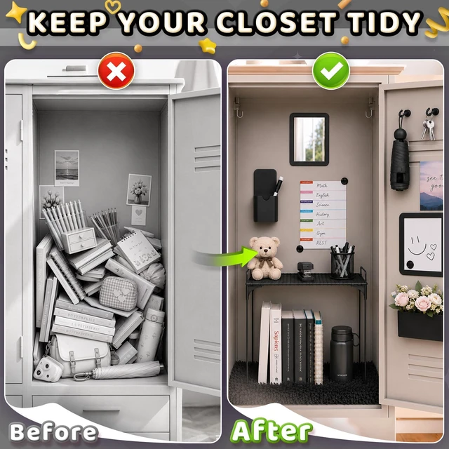 Alt view image 5 of 7 - 15 PCS Black School Locker Organizer Kit with Shelf and Accessories Locker Accessories Include Shelf, Rug, Magnetic Mirror, Whiteboard with Marker and Nails for Girls' Back to School