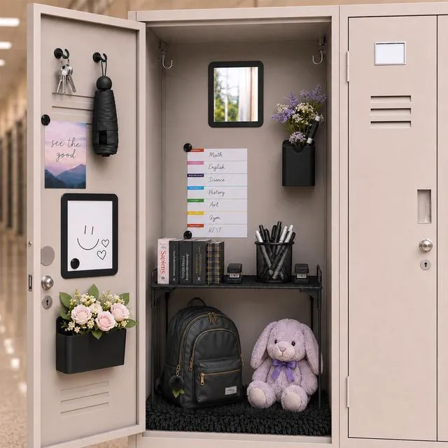 Alt view image 6 of 7 - 15 PCS Black School Locker Organizer Kit with Shelf and Accessories Locker Accessories Include Shelf, Rug, Magnetic Mirror, Whiteboard with Marker and Nails for Girls' Back to School