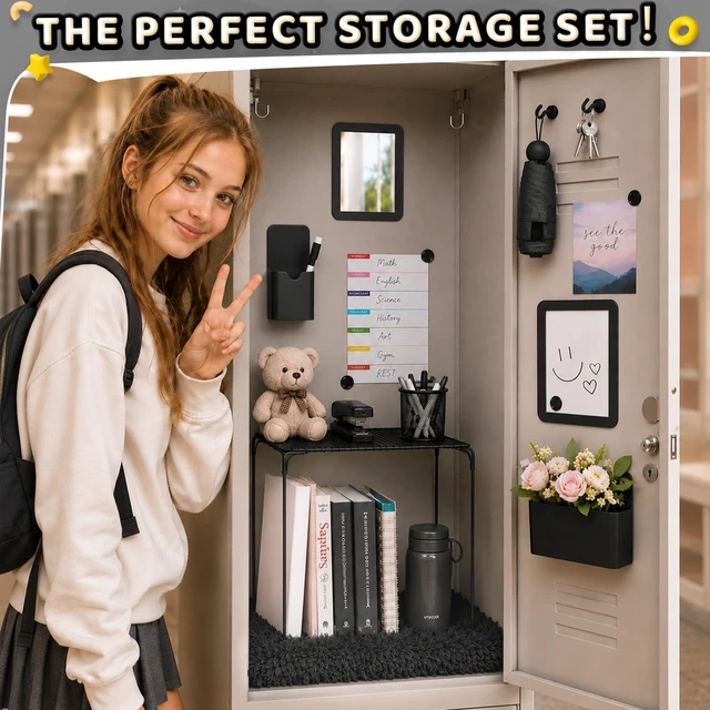 Alt view image 7 of 7 - 15 PCS Black School Locker Organizer Kit with Shelf and Accessories Locker Accessories Include Shelf, Rug, Magnetic Mirror, Whiteboard with Marker and Nails for Girls' Back to School