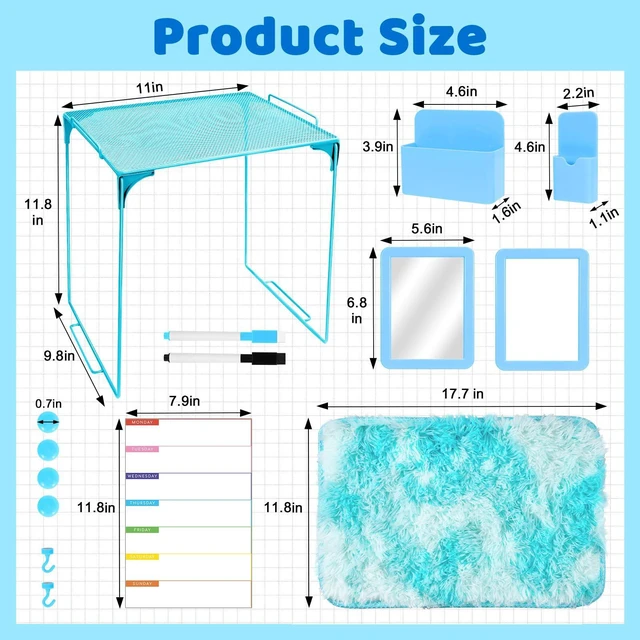 Alt view image 2 of 7 - 15 PCS Blue School Locker Organizer Kit with Shelf and Accessories Locker Accessories Include Shelf, Rug, Magnetic Mirror, Whiteboard with Marker and Nails for Girls' Back to School