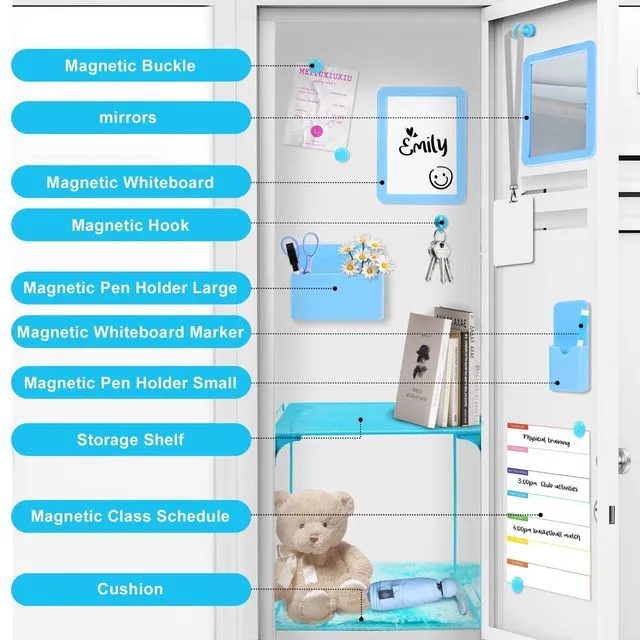 Alt view image 4 of 7 - 15 PCS Blue School Locker Organizer Kit with Shelf and Accessories Locker Accessories Include Shelf, Rug, Magnetic Mirror, Whiteboard with Marker and Nails for Girls' Back to School