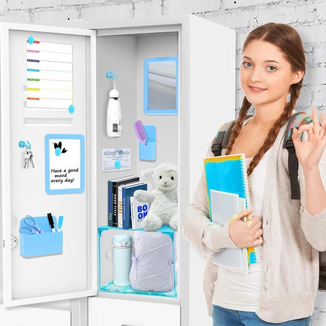 Alt view image 7 of 7 - 15 PCS Blue School Locker Organizer Kit with Shelf and Accessories Locker Accessories Include Shelf, Rug, Magnetic Mirror, Whiteboard with Marker and Nails for Girls' Back to School