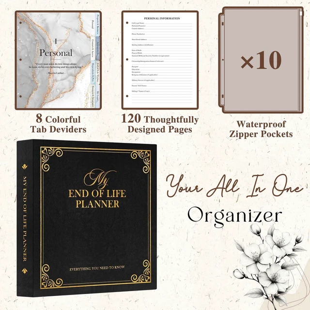 Alt view image 3 of 7 - End of Life Binder Organizer Death Planner 8.5"x11", Final Wishes & Estate Document Folder with 8 Dividers & 10 Letter Size Binder Pockets, When I Die Journal Before Death Life Plan Book, Black