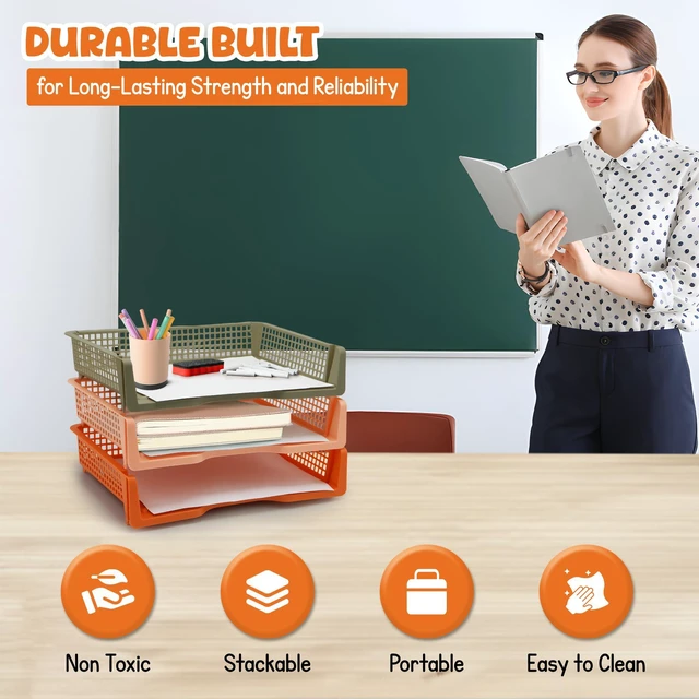 Alt view image 2 of 7 - 6 Pack Stackable Trays for Classroom, Durable Organizer Boho Color A4 Paper Tray, Classroom Desk Storage