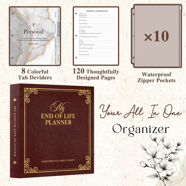 Alt view image 3 of 7 - End of Life Binder Organizer Death Planner 8.5"x11", Final Wishes & Estate Document Folder with 8 Dividers & 10 Letter Size Binder Pockets, When I Die Journal Before Death Life Plan Book, Brown