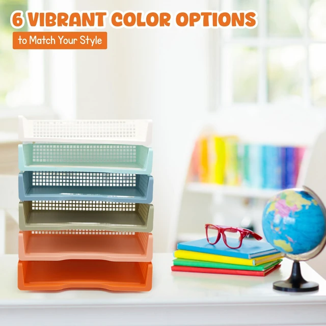 Alt view image 4 of 7 - 6 Pack Stackable Trays for Classroom, Durable Organizer Boho Color A4 Paper Tray, Classroom Desk Storage