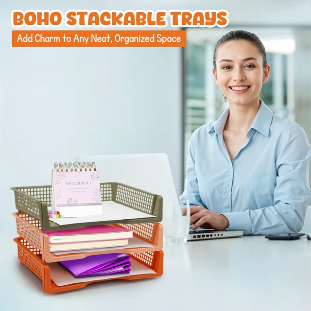 Alt view image 5 of 7 - 6 Pack Stackable Trays for Classroom, Durable Organizer Boho Color A4 Paper Tray, Classroom Desk Storage