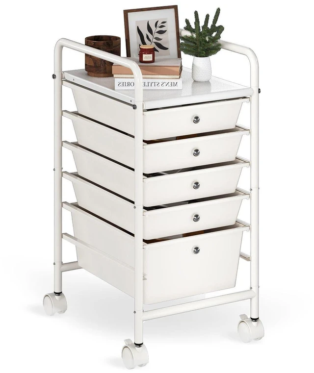 Main image of Rolling Storage Cart with Drawers 5-Tier Lock Wheels Office White Utility Cart with 5 Drawers & 2 Lockable Caster, Multipurpose Mobile Drawer Cart for School Bathroom Kitchen