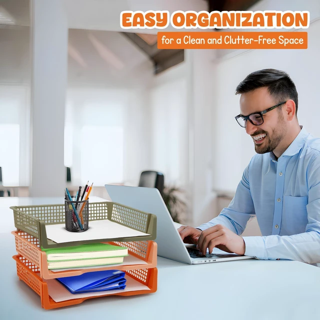 Alt view image 7 of 7 - 6 Pack Stackable Trays for Classroom, Durable Organizer Boho Color A4 Paper Tray, Classroom Desk Storage