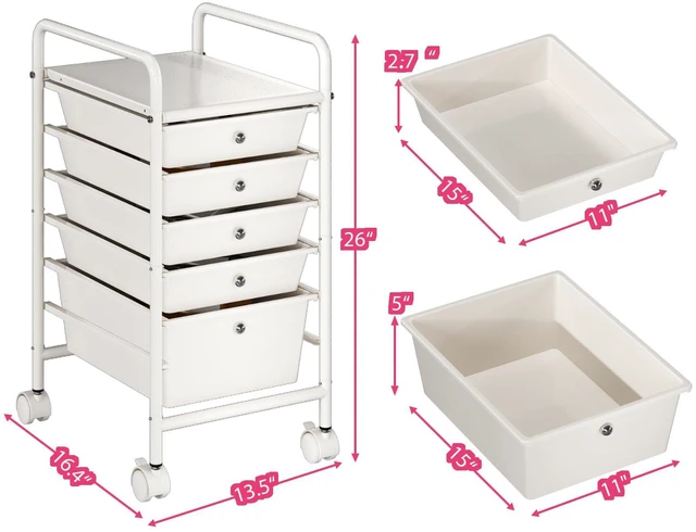 Alt view image 3 of 7 - Rolling Storage Cart with Drawers 5-Tier Lock Wheels Office White Utility Cart with 5 Drawers & 2 Lockable Caster, Multipurpose Mobile Drawer Cart for School Bathroom Kitchen