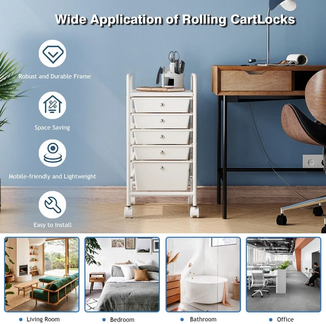 Alt view image 4 of 7 - Rolling Storage Cart with Drawers 5-Tier Lock Wheels Office White Utility Cart with 5 Drawers & 2 Lockable Caster, Multipurpose Mobile Drawer Cart for School Bathroom Kitchen