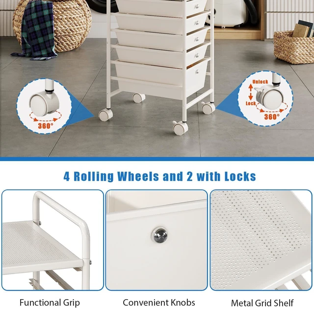 Alt view image 5 of 7 - Rolling Storage Cart with Drawers 5-Tier Lock Wheels Office White Utility Cart with 5 Drawers & 2 Lockable Caster, Multipurpose Mobile Drawer Cart for School Bathroom Kitchen