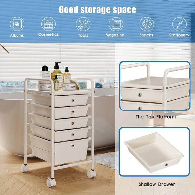 Alt view image 6 of 7 - Rolling Storage Cart with Drawers 5-Tier Lock Wheels Office White Utility Cart with 5 Drawers & 2 Lockable Caster, Multipurpose Mobile Drawer Cart for School Bathroom Kitchen