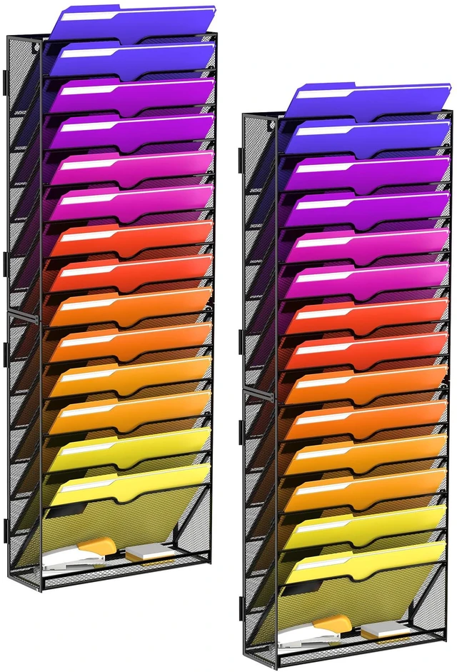 Main image of 2-Pack 15-Tier Wall File Organizer with Base and Hooks, Black Wall Organizer and Wall File Holder with 15 Vertical Pockets and Bottom Tray for Files, Mail, Folders, Magazines and Paper