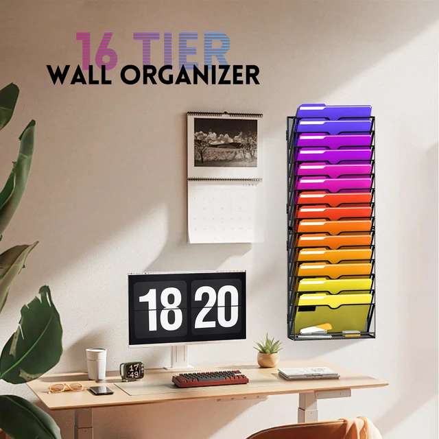Alt view image 2 of 7 - 2-Pack 15-Tier Wall File Organizer with Base and Hooks, Black Wall Organizer and Wall File Holder with 15 Vertical Pockets and Bottom Tray for Files, Mail, Folders, Magazines and Paper