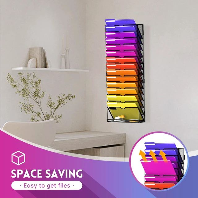 Alt view image 4 of 7 - 2-Pack 15-Tier Wall File Organizer with Base and Hooks, Black Wall Organizer and Wall File Holder with 15 Vertical Pockets and Bottom Tray for Files, Mail, Folders, Magazines and Paper