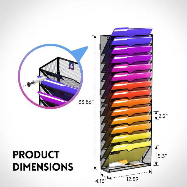 Alt view image 5 of 7 - 2-Pack 15-Tier Wall File Organizer with Base and Hooks, Black Wall Organizer and Wall File Holder with 15 Vertical Pockets and Bottom Tray for Files, Mail, Folders, Magazines and Paper