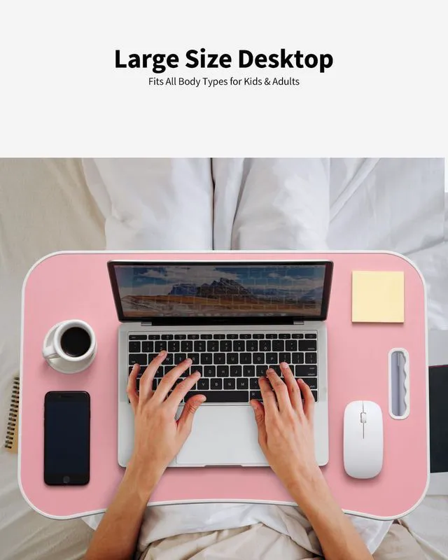 Alt view image 3 of 6 - Foldable Lap Desk, Laptop Bed Desk, Portable Lap Table, Laptop Bed Table with Cup Holder & Tablet Slot & Lifting Handle for Working Writing Drawing & Eating - Pink