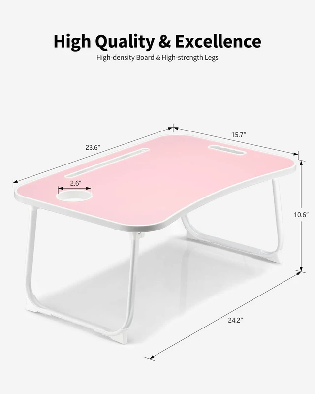 Alt view image 4 of 6 - Foldable Lap Desk, Laptop Bed Desk, Portable Lap Table, Laptop Bed Table with Cup Holder & Tablet Slot & Lifting Handle for Working Writing Drawing & Eating - Pink