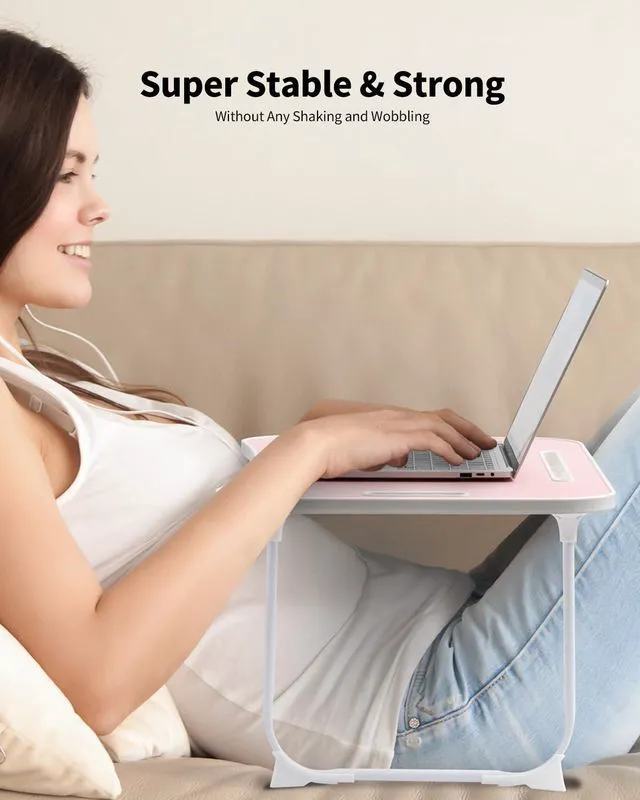 Alt view image 2 of 6 - Foldable Lap Desk, Laptop Bed Desk, Portable Lap Table, Laptop Bed Table with Cup Holder & Tablet Slot & Lifting Handle for Working Writing Drawing & Eating - Pink