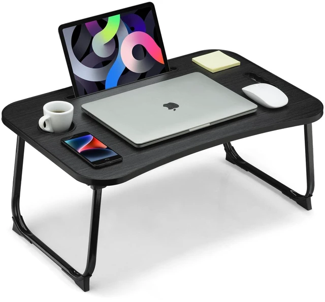 Main image of Foldable Lap Desk, Laptop Bed Desk, Portable Lap Table, Laptop Bed Table with Cup Holder & Tablet Slot & Lifting Handle for Working Writing Drawing & Eating - Black Wood