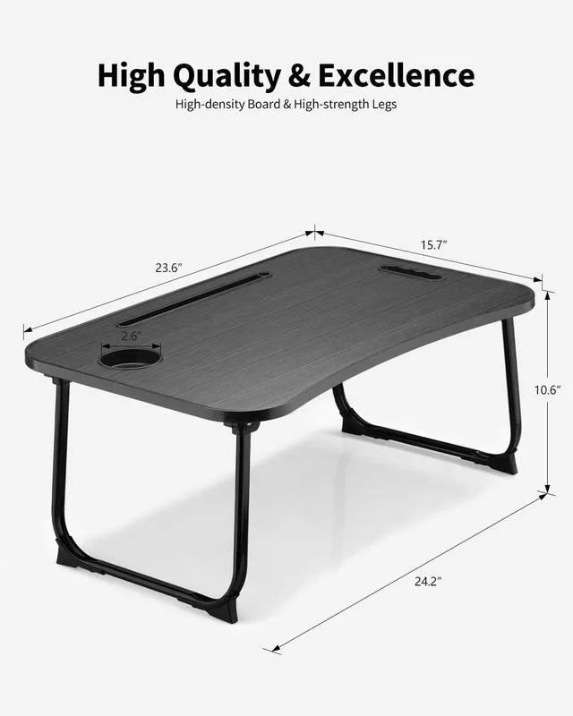 Alt view image 4 of 6 - Foldable Lap Desk, Laptop Bed Desk, Portable Lap Table, Laptop Bed Table with Cup Holder & Tablet Slot & Lifting Handle for Working Writing Drawing & Eating - Black Wood