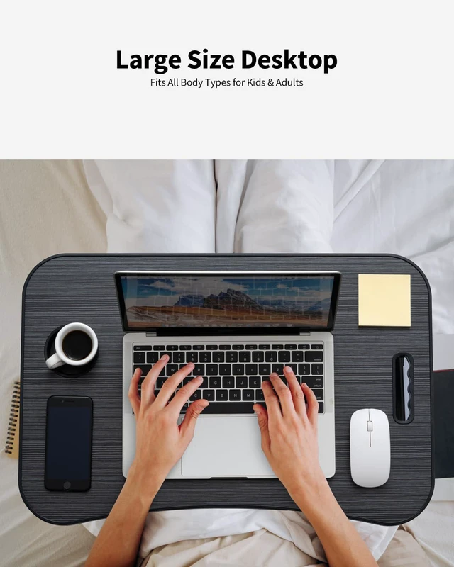 Alt view image 3 of 6 - Foldable Lap Desk, Laptop Bed Desk, Portable Lap Table, Laptop Bed Table with Cup Holder & Tablet Slot & Lifting Handle for Working Writing Drawing & Eating - Black Wood