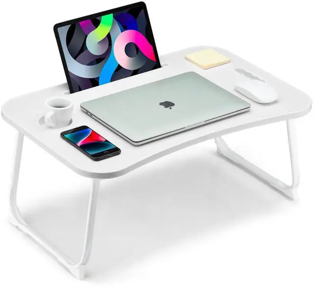 Main image of Foldable Lap Desk, Laptop Bed Desk, Portable Lap Table, Laptop Bed Table with Cup Holder & Tablet Slot & Lifting Handle for Working Writing Drawing & Eating - White
