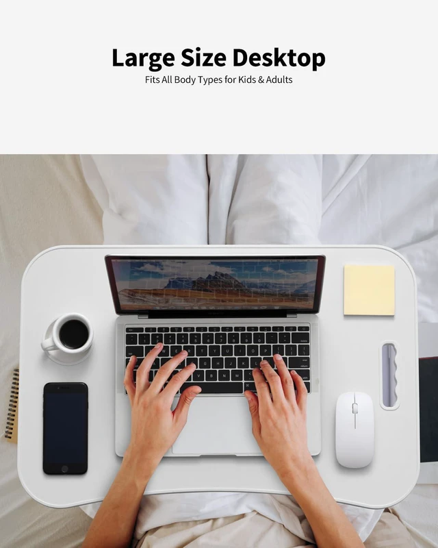 Alt view image 3 of 6 - Foldable Lap Desk, Laptop Bed Desk, Portable Lap Table, Laptop Bed Table with Cup Holder & Tablet Slot & Lifting Handle for Working Writing Drawing & Eating - White