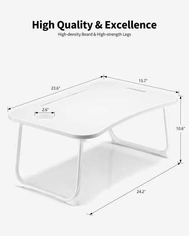 Alt view image 4 of 6 - Foldable Lap Desk, Laptop Bed Desk, Portable Lap Table, Laptop Bed Table with Cup Holder & Tablet Slot & Lifting Handle for Working Writing Drawing & Eating - White