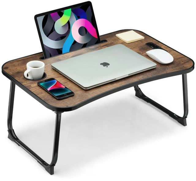 Main image of Foldable Lap Desk, Laptop Bed Desk, Portable Lap Table, Laptop Bed Table with Cup Holder & Tablet Slot & Lifting Handle for Working Writing Drawing & Eating - Brown