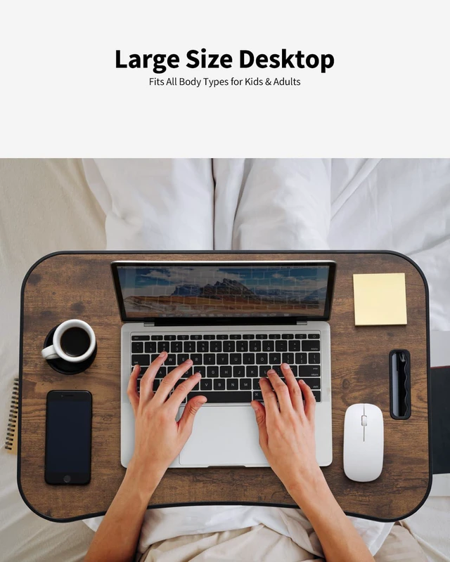 Alt view image 3 of 6 - Foldable Lap Desk, Laptop Bed Desk, Portable Lap Table, Laptop Bed Table with Cup Holder & Tablet Slot & Lifting Handle for Working Writing Drawing & Eating - Brown